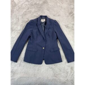 Banana Republic Wool Blend Blazer Navy Blue Gold Button Puff Sleeve Sz 12 Career